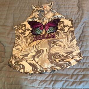 No Boundaries Beige and Brown Marble Halter Tank with Colorful Butterfly Image